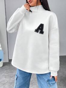 SHEIN EZwear 秋冬字母贴花高领落肩卫衣、长袖上衣 - 白色 - 查看 4