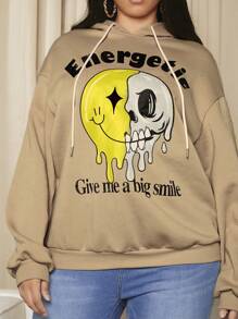 SHEIN SXY Plus Size Cartoon & Slogan Graphic Drop Shoulder Drawstring Sweatshirt - Apricot - View 6