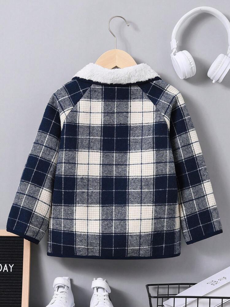 Young Boy Plaid Print Borg Collar Teddy Lined Overcoat
