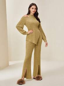 Modelyn Conjunto de 2 piezas con top de manga farol de cuello asimétrico y pantalones con bajo dividido sin cinturón - Amarillo - Ver 6