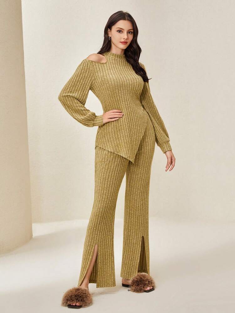 Asymmetrical Neck Lantern Sleeve Top & Split Hem Pants Without Belt 2 Piece Set Fall Cloth For Women