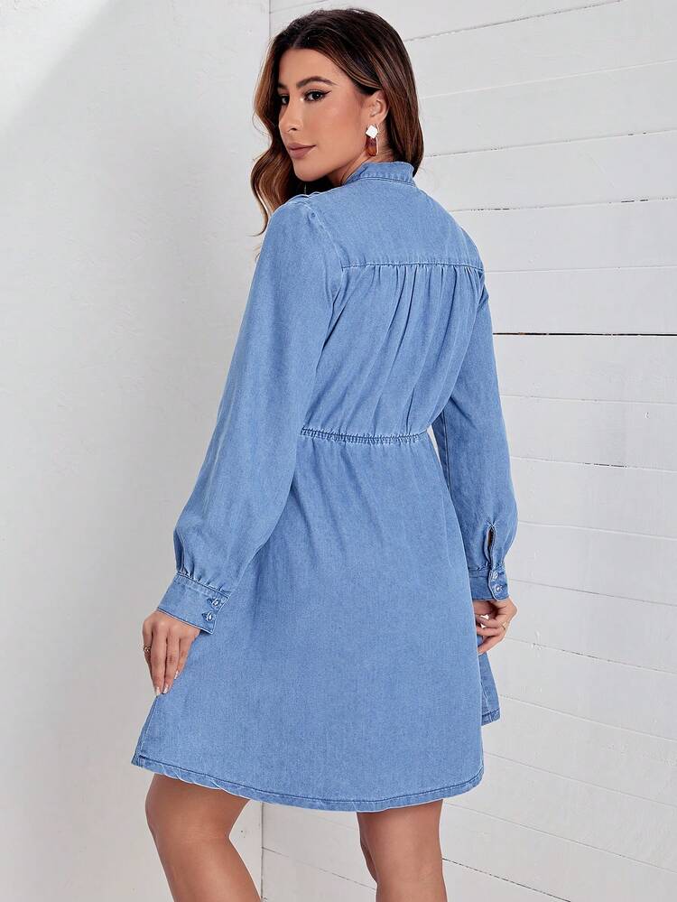 Tie Neck Lantern Sleeve Denim Dress