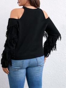 SHEIN LUNE Plus Cold Shoulder Fringe Trim Sweater Knit Pullover Fall Winter Sweater - Black - View 2