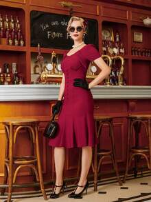 MUXXN 前紐扣魚尾裙下擺洋裝 - 酒紅色 - 查看 4