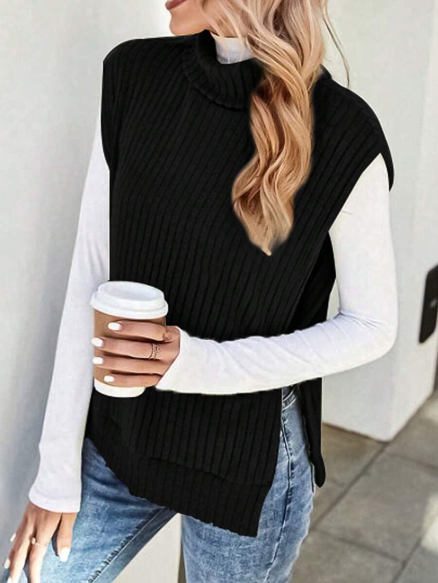 SHEIN LUNE 1 Miếng Áo cao cổ Viền chia cắt Áo ba lỗ - màu đen - Xem 1