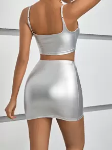 SHEIN PETITE Solid Crop Cami Top & Bodycon Party Women Skirt - Silver - View 2