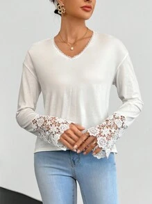 SHEIN Privé 水溶蕾絲拼接高低下擺T恤