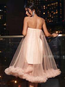 SHEIN Cottnline Fuzzy Trim Mesh Overlay Tube Dress - Pink - View 2