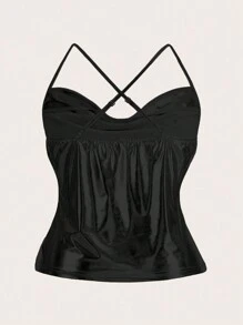 Flirla Talla grande Top de tirantes escote drapeado de espalda abierta con tira cruzada fruncido - Negro - Ver 2