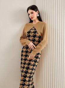 Modelyn Đồ họa Houndstooth Váy len ba lô & tay cánh Siêu crop Áo len - màu nâu - Xem 1