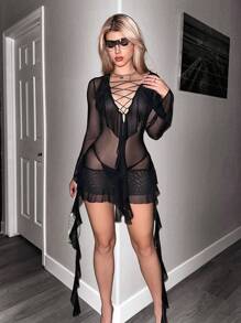 SHEIN ICON Lace Up Front Ruffle Hem Mesh Dress - Black - View 1