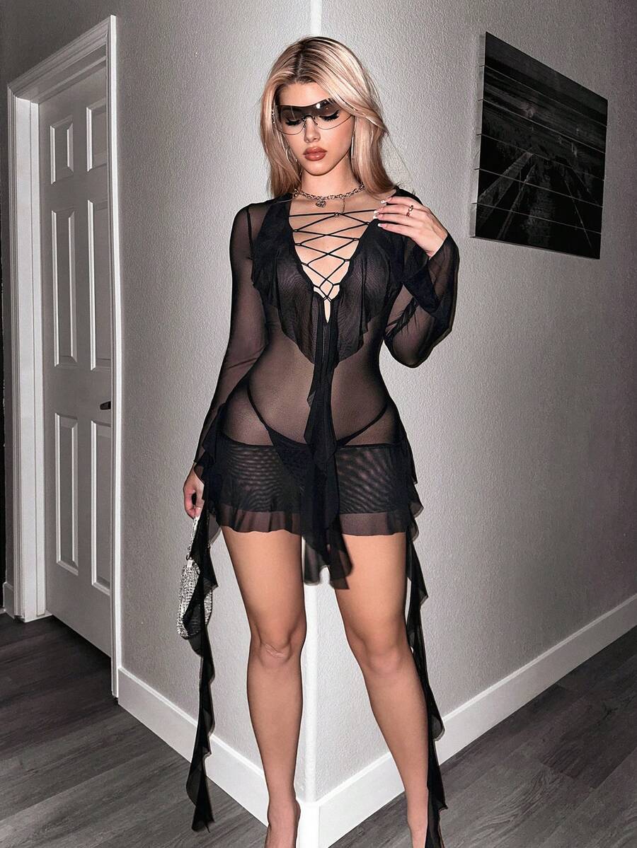 SHEIN ICON Lace Up Front Ruffle Hem Mesh Dress - Black - View 1