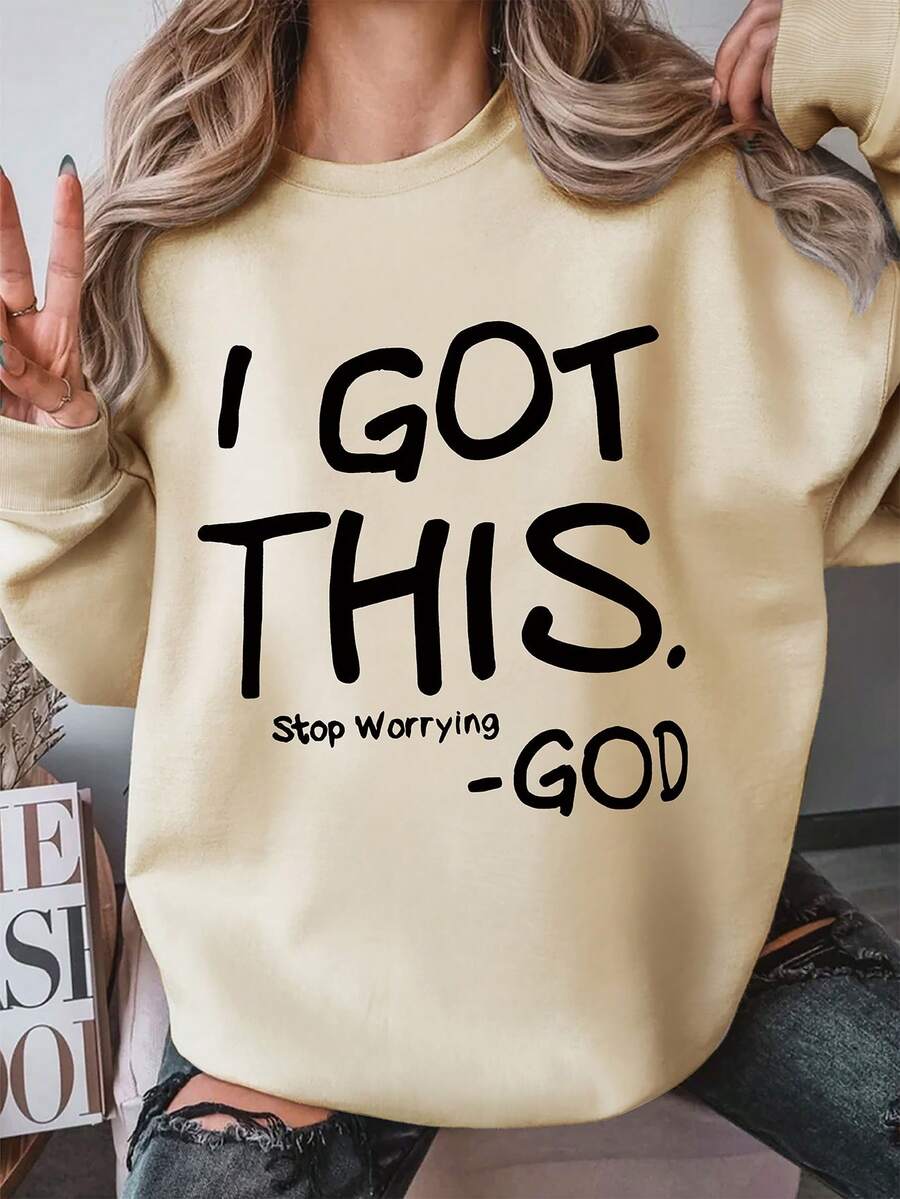 SHEIN EZwear 大尺碼圓領毛絨套頭衛衣,印有口號印花 - 杏色 - 查看 1