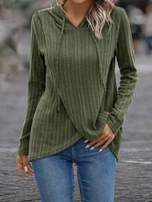 EMERY ROSE Solid Drawstring Wrap Hem Hooded Tee - Army Green - View 6