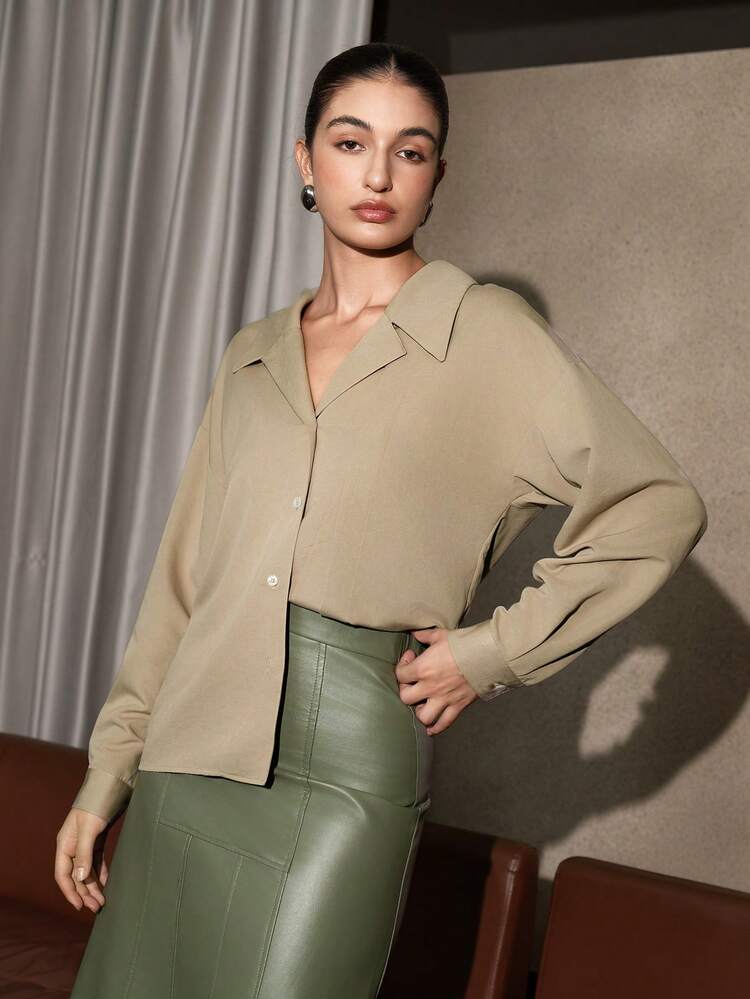 Solid Button Front Blouse Fall Cloth For Women