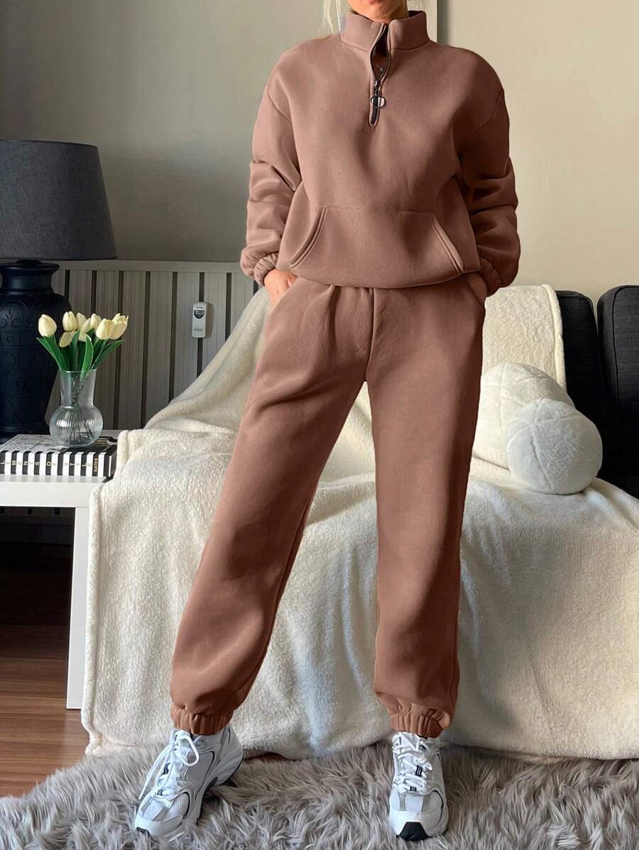 RueChic 半拉鏈落肩袖衛衣和衛褲 - 棕色 - 查看 1