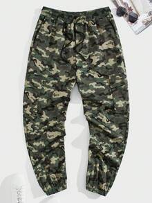 GENTILAND 男士迷彩印花側翻蓋口袋工裝褲 - 軍綠色 - 查看 4