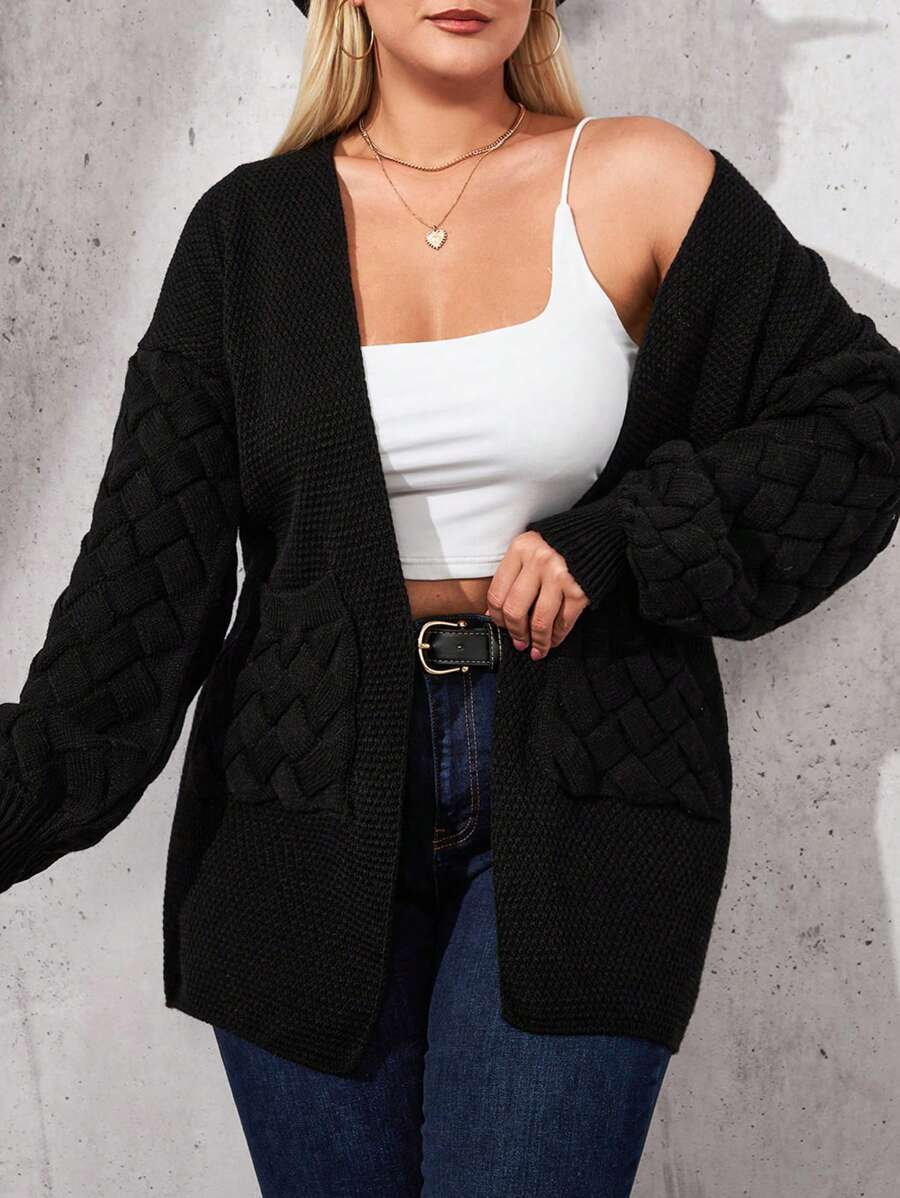 SHEIN Cottnline Plus Size Drop Shoulder Cardigan - Black - View 1