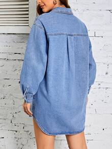 SHEIN LUNE Flap Pocket Drop Shoulder Denim Dress - Medium Wash - View 2