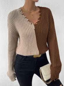 SHEIN Essnce 雙色落肩袖仿舊邊套頭毛衣 - 棕色 - 查看 3