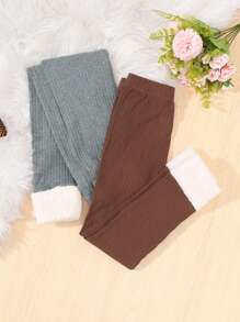 SHEIN Leap Crew Tween Girl 2pcs Solid Thermal Leggings - Brown - View 2