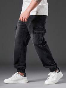 Manfinity Homme 男士大码側翻蓋口袋工裝牛仔褲 - 黑色 - 查看 5