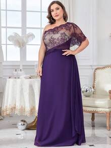 Plus One Shoulder Contrast Lace Chiffon Bridesmaid Dress - Purple - View 3
