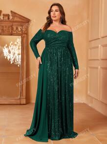 Faeriesty Plus Off Shoulder Ruched Front Draped Side Sequin Dress