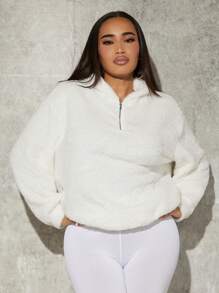 SHEIN SXY 落肩袖絨毛運動衫 - 白色 - 查看 1