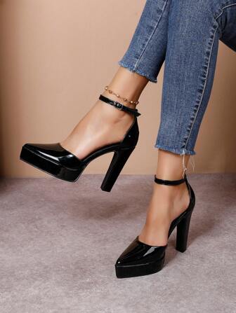 Fall/Winter Women's Pointed Toe Waterproof Platform Shiny Surface Chunky High Heel Pump,Elegant