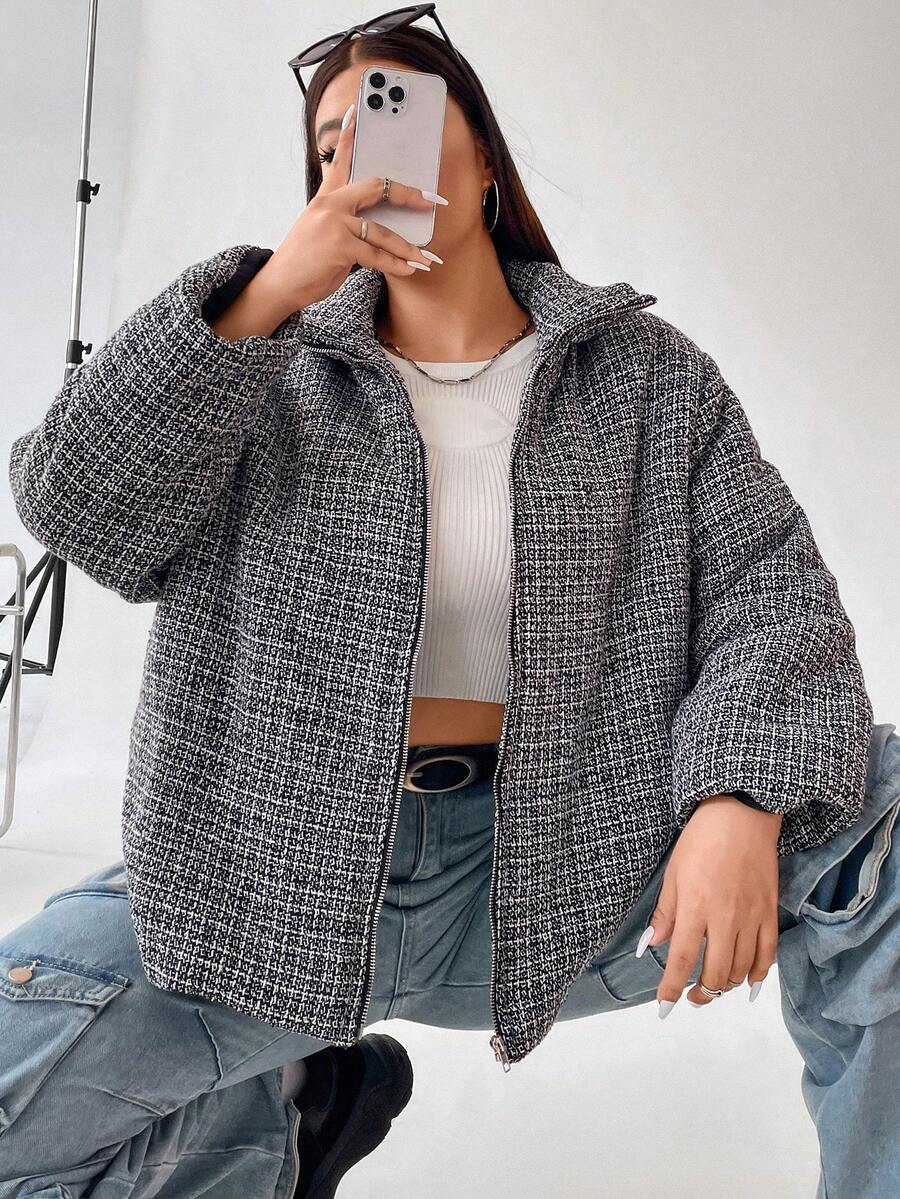 Flirla 大码拉链加厚棉服外套冬季 - 黑與白 - 查看 1