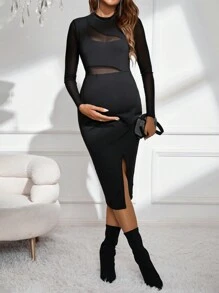 SHEIN 孕婦網紗拼接高衩洋裝 - 黑色 - 查看 5