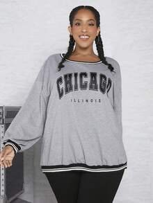 SHEIN CURVE+ Plus Letter Graphic Striped Trim Drop Shoulder Sweatshirt - Multicolor - View 4