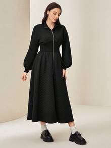 Mulvari Chất rắn Tay áo lồng đèn Dây kéo Đầm - màu đen - Xem 3