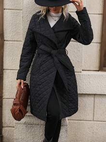 SHEIN Clasi Waterfall Collar Slant Pocket Belted Quilted Padded Coat Clothes Winter - Black - View 6