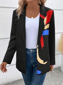 SHEIN LUNE 圖案印花青果領單釦西裝外套 - 黑色 - 查看 3