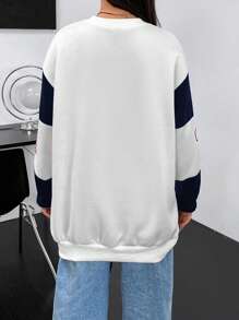 Flirla Talla grande Sudadera con estampado de letra de color combinado de hombros caídos