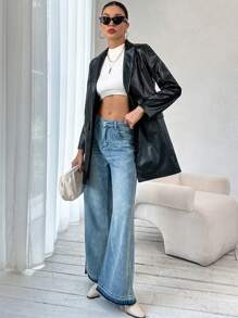 SHEIN Essnce 鱷魚壓紋單排釦PU皮革外套 - 黑色 - 查看 6