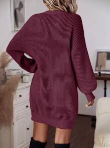 SHEIN LUNE Button Detail Drop Shoulder Sweater Dress - Burgundy - View 2