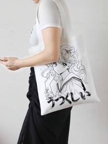 ROMWE Anime Small Shopper Bag Casual Figure Graphic For Shopping Back To School,Teachers Gift Ideal Gift,Thank You Gift Idea,Appreciation Gifts,Monogrammed Gifts Bag,Reusable,Teacher Bag Educator,Mom Ideal Brides Maid Gifts, Tote Bag Large, Best Fall Inspo Ideas - Black and White - View 3