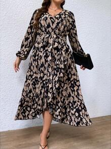 SHEIN Clasi Plus Allover Print Lantern Sleeve Belted Dress - Multicolor - View 1