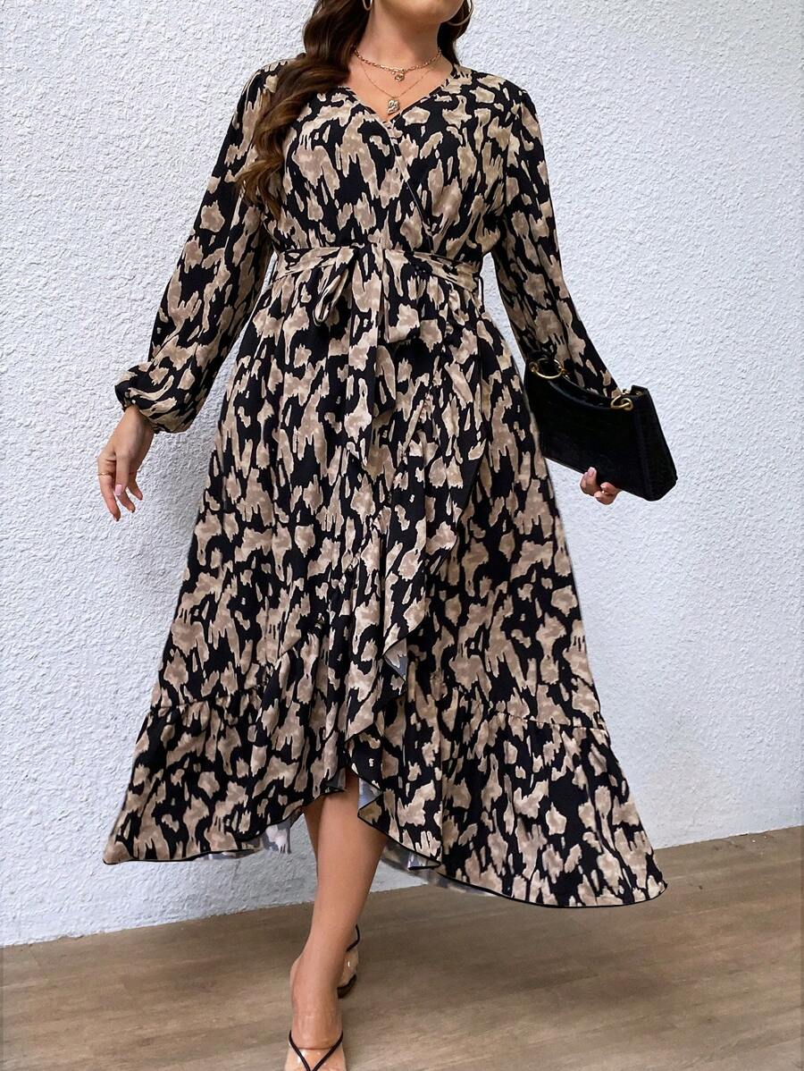 SHEIN Clasi Plus Allover Print Lantern Sleeve Belted Dress - Multicolor - View 1