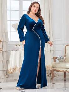 Plus Contrast Sequin Split Thigh Velvet Formal Dress - Teal Blue - View 5