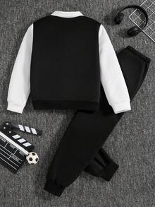 男大童字母圖案條紋飾邊二合一套頭衫和運動褲 - 黑與白 - 查看 2