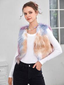 SHEIN Qutie Color Block Open Front Vest Fuzzy Coat - Pink - View 5