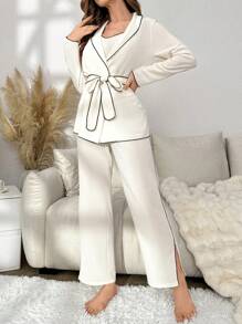 Contrasterende pijpen Kamerjas met riem & Cami-top & broek Lounge sets