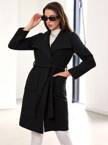 EURMUSE Waterfall Collar Dual Pocket Belted Overcoat - Black - View 1