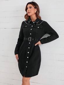 SHEIN LUNE Vestido De Mezclilla Con Cinturón, Bolsillo Con Solapa Y Tachuelas