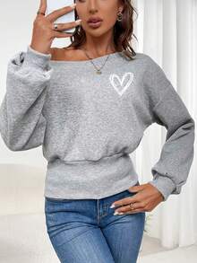 SHEIN EZwear In Trái tim Off Shoulder Áo nỉ - Xám - Xem 5