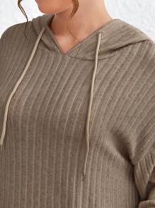 SHEIN Frenchy Áo nỉ cỡ lớn có túi kangaroo, vai rớt, dây rút. - màu nâu - Xem 3